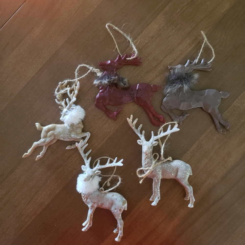 Reindeer Christmas Tree Ornaments 5 Reindeer Set Faux Fur